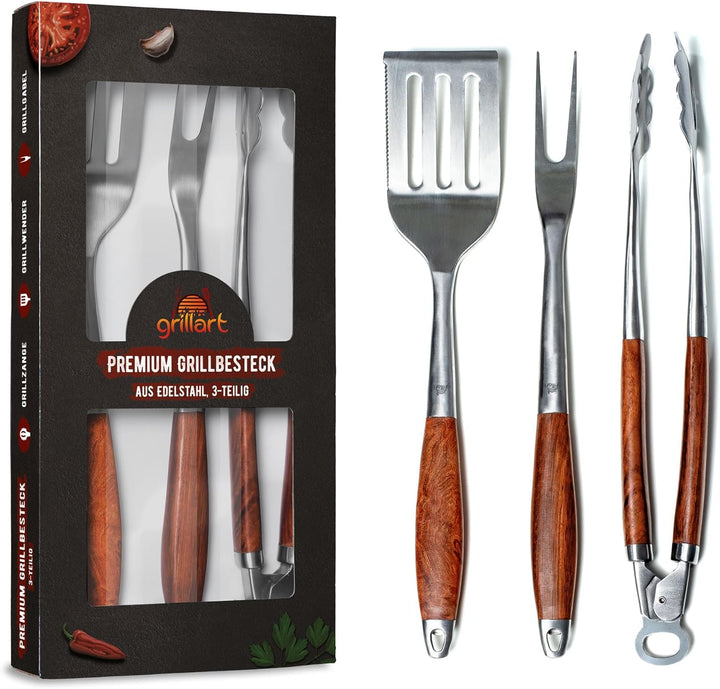 grillart® Premium Grillbesteck Set, 3-teilig aus hochwertigem Edelstahl und edlen Holzgriffen – Gril