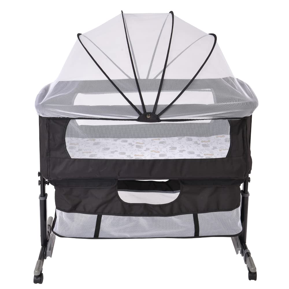 homewell 3 in 1 Babybett Beistellbett, Wiege mit Moskitonetz und Aufbewahrungskorb, Faltbares, Neigu