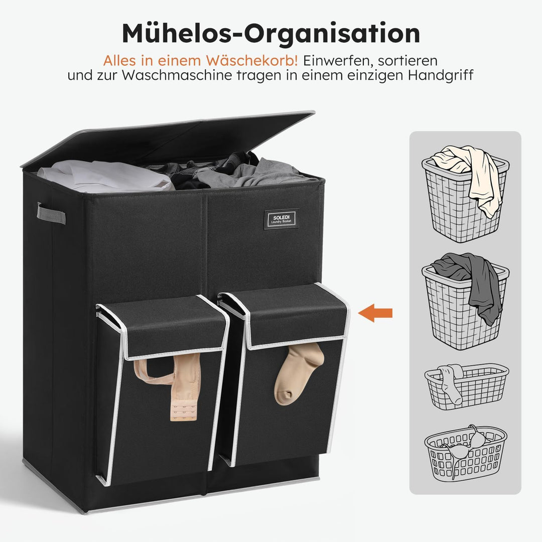 SOLEDI 180L Wäschekorb mit Deckel, Wäschesammler 2 Fächer mit 2 Seitentaschen, Laundr Baskets mit 2