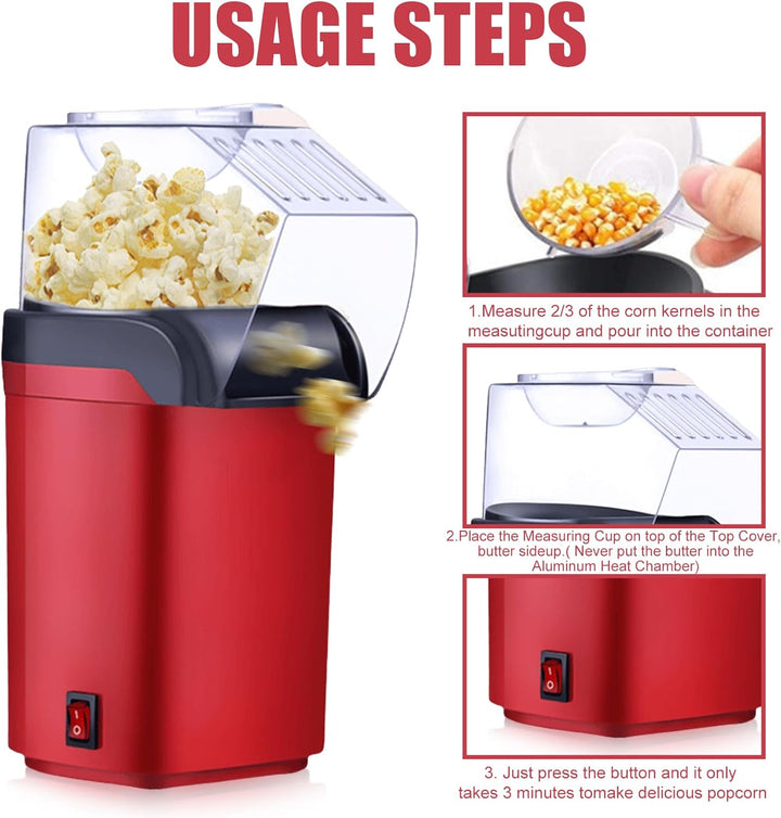 Popcornmaschine, 1200W Fettfrei Popcorn Maker ohne Öl, Heissluft Popcorn Maker, Heimkino Popcornauto