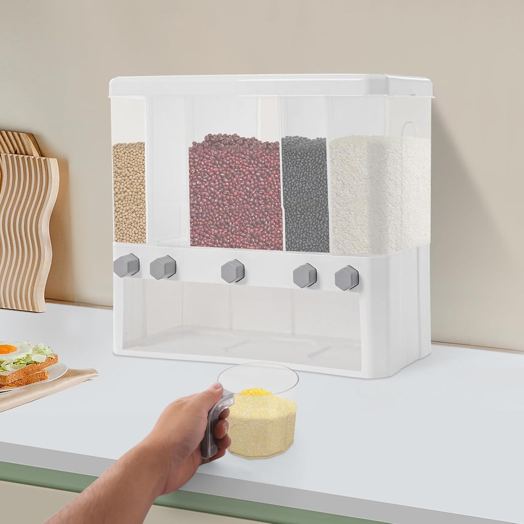 Reis Dispenser transparent 15kg Getreidedispenser 5 Fächer Reisbehälter mit Messbecher Reisspeicher