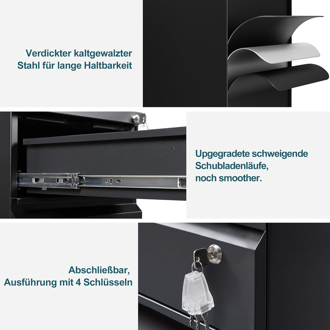 LVSTEEL Rollcontainer mit 3 Schubladen, Aktenschrank, Büroschrank aus Metall, Aktenschrank unter Sch