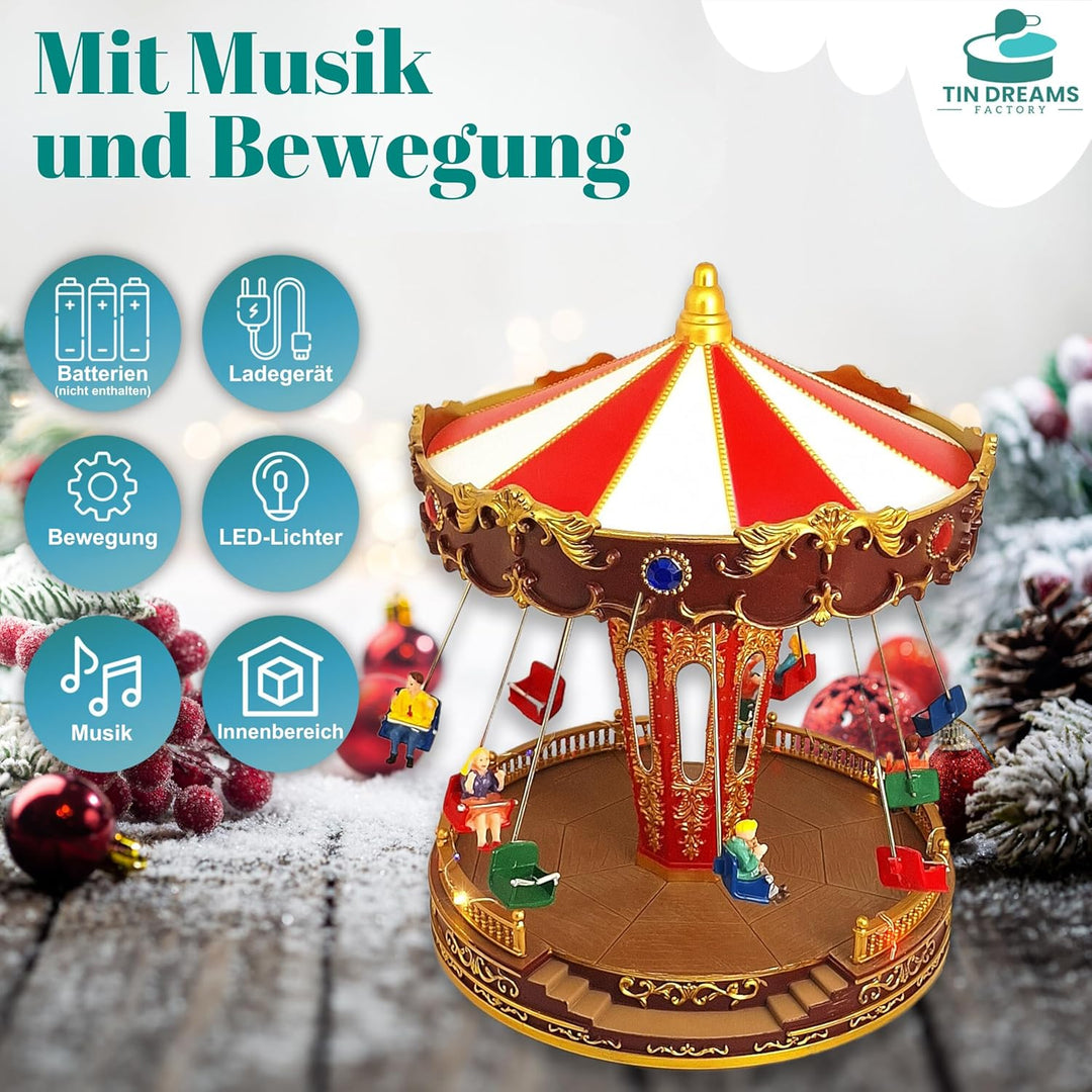 TIN DREAMS FACTORY Weihnachtsdorf mit Beleuchtung und Musik, Led-Karussell Weihnachten, Karussell Sp