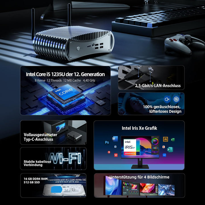 Industrieller lüfterloser Mini PC i5 1235U (10C/12T bis zu 4,4 GHz) 16GB RAM 512GB SSD, 100% geräusc