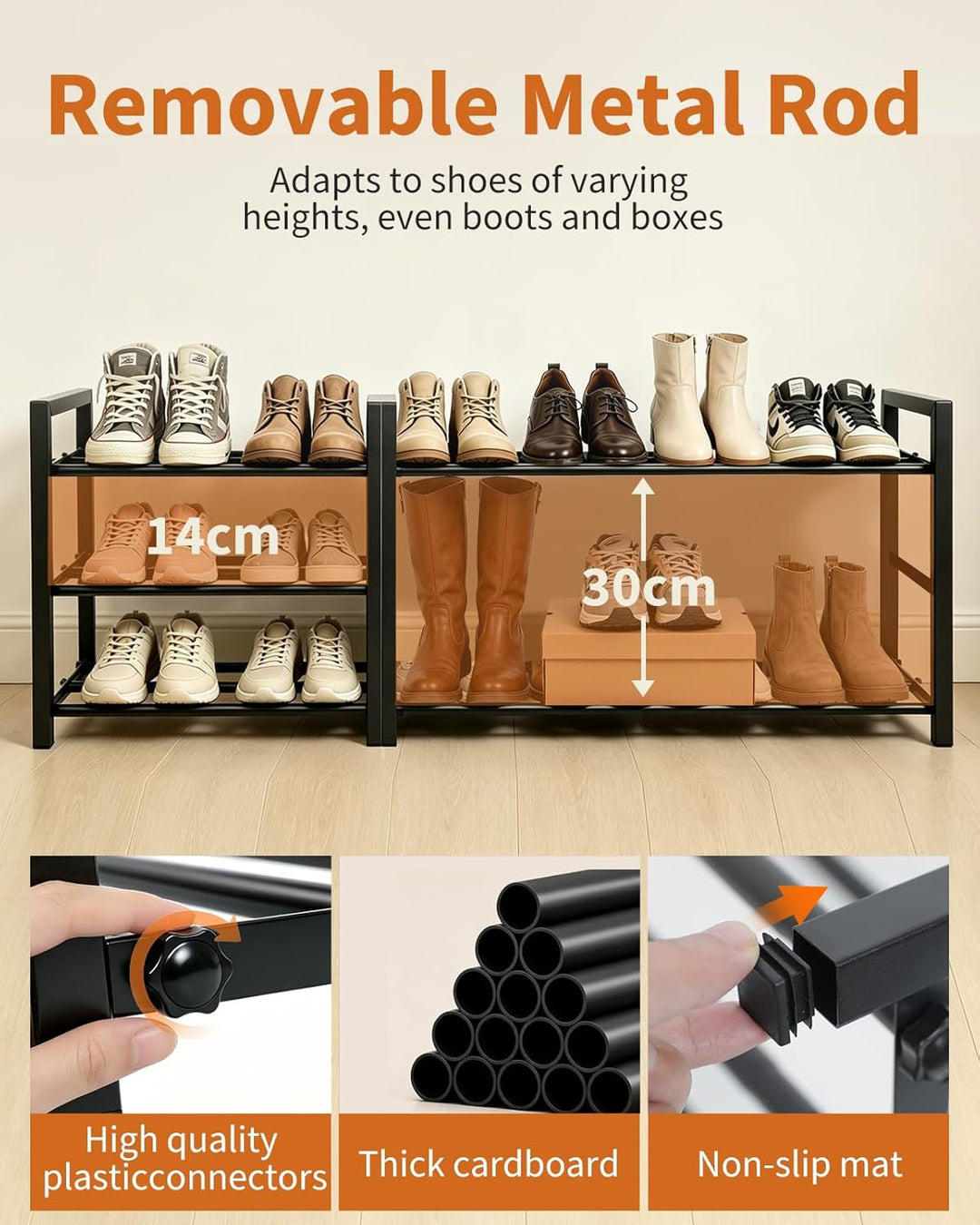 Ausziehbares Schuhregal Schmal, 3 Ebenen Adjustable Schuhregal Metall, Breite 43 to 78cm, Standregal