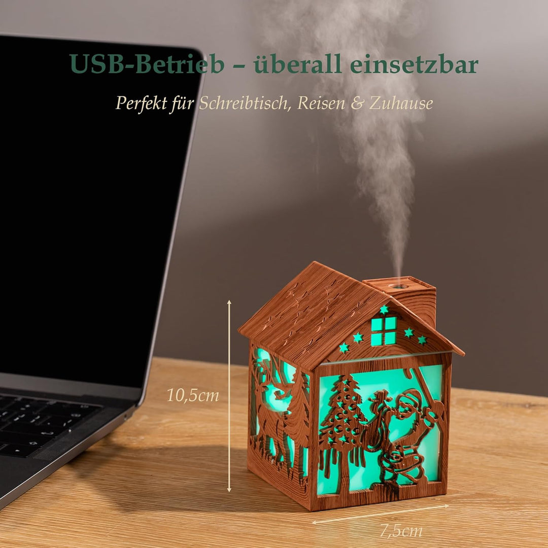 Mini Luftbefeuchter Weihnachten – 240ml Cool Mist Holzoptik USB Tischgerät mit LED Licht & Weihnacht