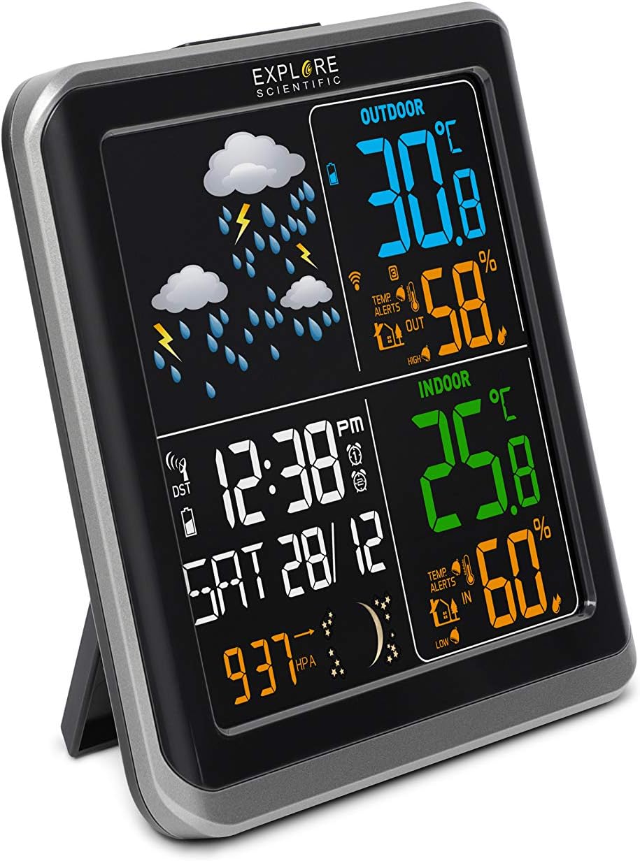 Explore Scientific WSH4008C Funk-Wetterstation, Barometer mit Wettervorhersage mit 6 Symbolen, Tempe