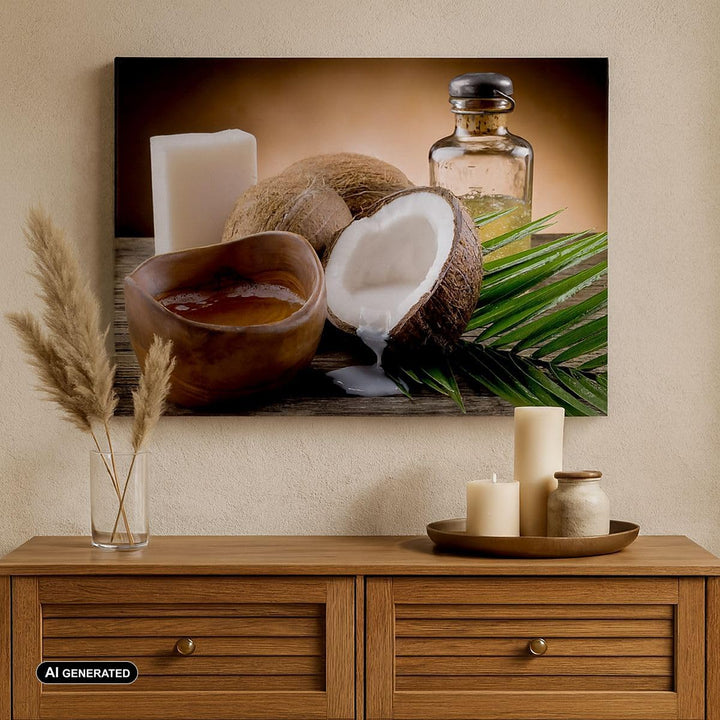 Bilder auf Leinwand 100x70cm Leinwandbild Kokosnuss Öl Seife Handfläche Gross Wanddeko Bild Schlafzi