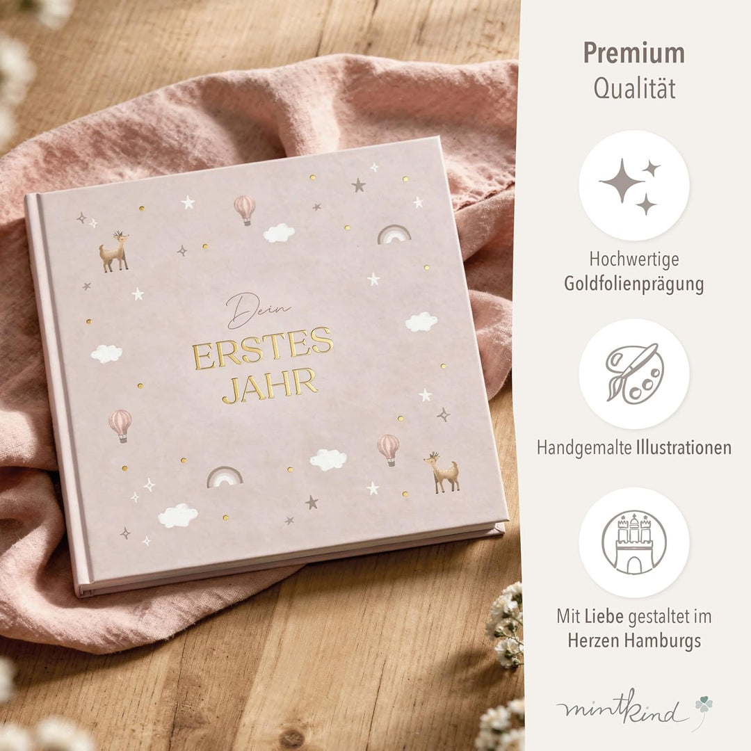 mintkind® Mein erstes Jahr Babyalbum Pattern Rosa – sanftes Babytagebuch mit 176 Seiten und Sticker-