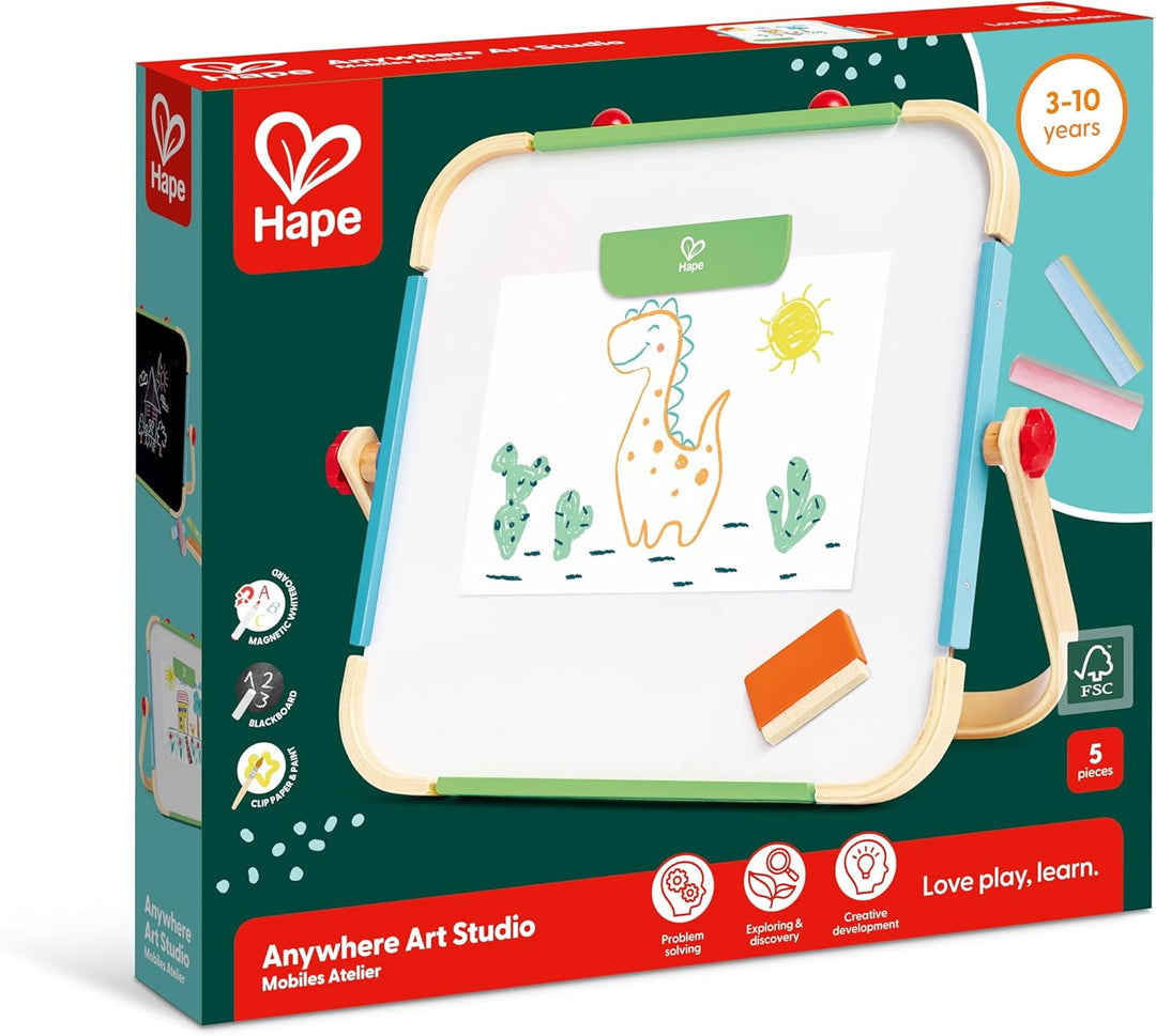 Hape Anywhere Art Studio , Award-Winning Double-Sided Wooden Kids Easel Whiteboard/Chalkboard with 2