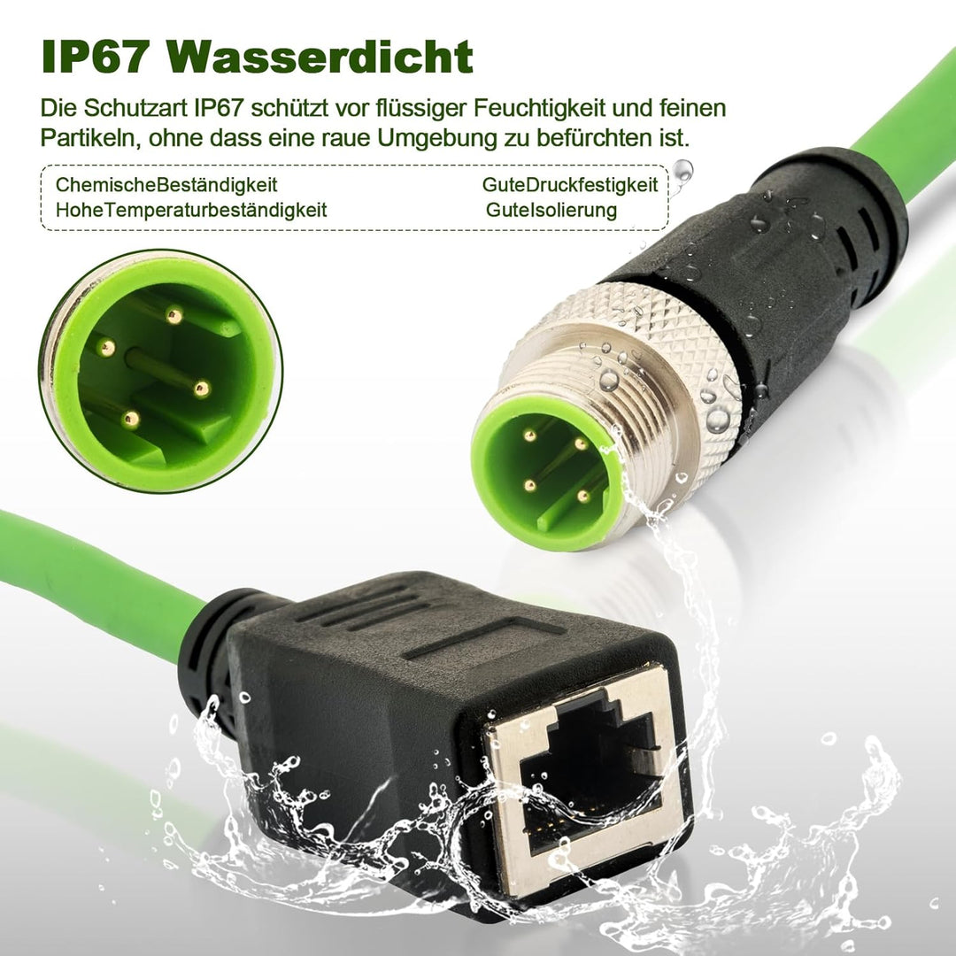 M12 auf RJ45 Adapterkabel (3m), Industrial Ethernet Cat5e D-Code 4-polig, M12 Stecker zu RJ45 Buchse