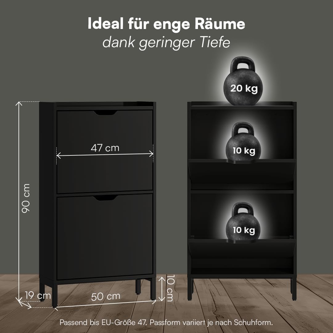 Bellamio Ceyhan Schuhschrank mit 2 Klappen – Schuhkipper schwarz aus Holz – Schuhregal schmal 50x19x