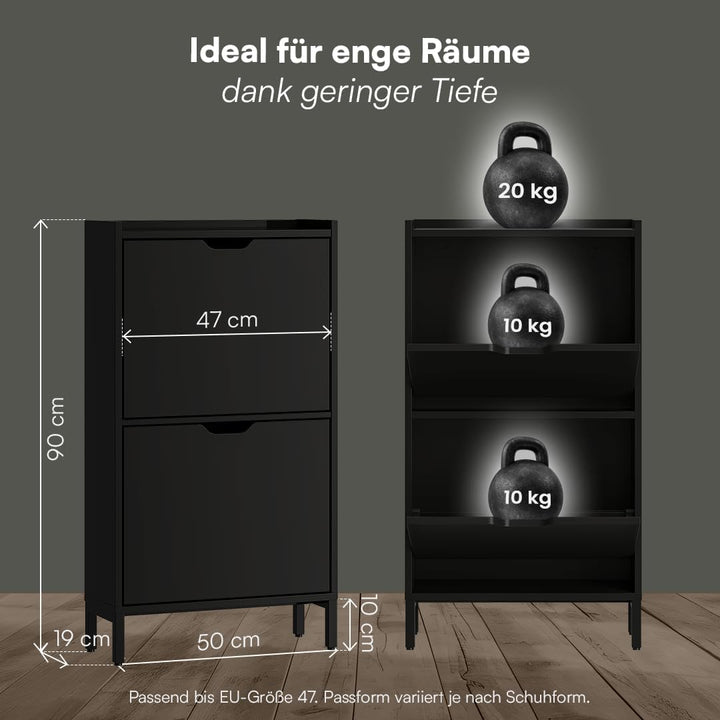 Bellamio Ceyhan Schuhschrank mit 2 Klappen – Schuhkipper schwarz aus Holz – Schuhregal schmal 50x19x