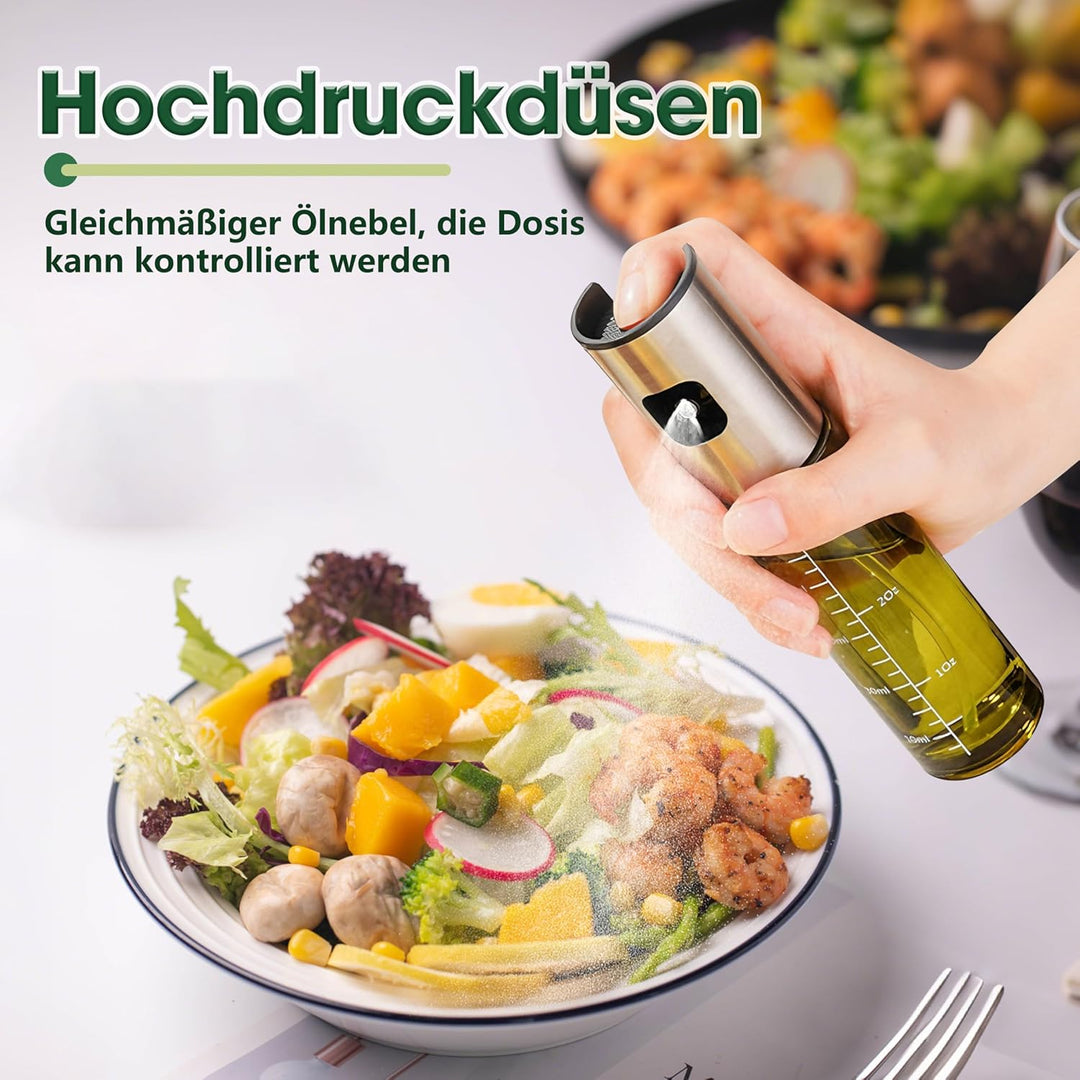 Ölsprüher für Speiseöl, 2 Stück UV-Schutz Sprühflasche Öl, Glas mit Etiketten Öl Zerstäuber Küche Öl
