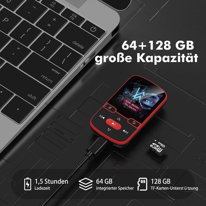 64GB mp3 Player Bluetooth 5.3 mit Clip,Music MP3-Player Kinder HiFi-Sport-Musikplayer, 1,5 Zoll MP3-