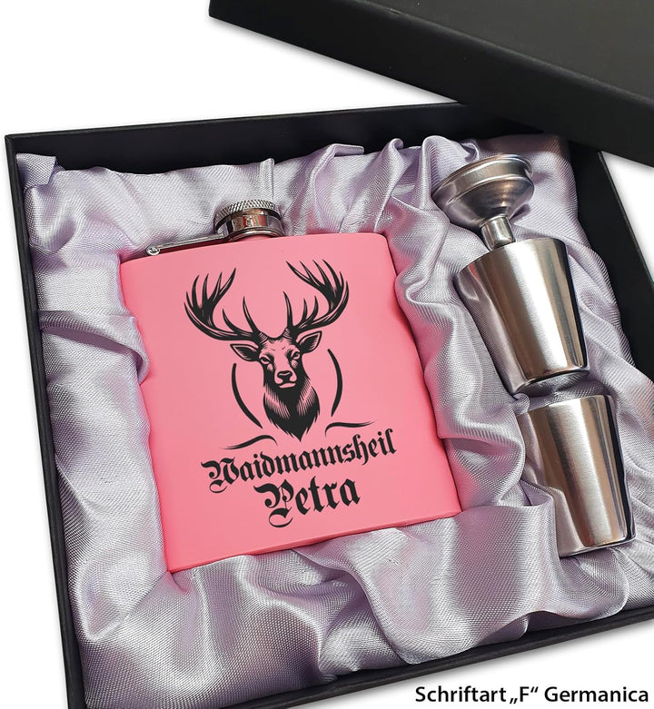 Jägerin Geschenk Rosa Flachmann Hirsch mit Gravur Flachmann Frauen Geschenkidee Bergsteigerin Pink,