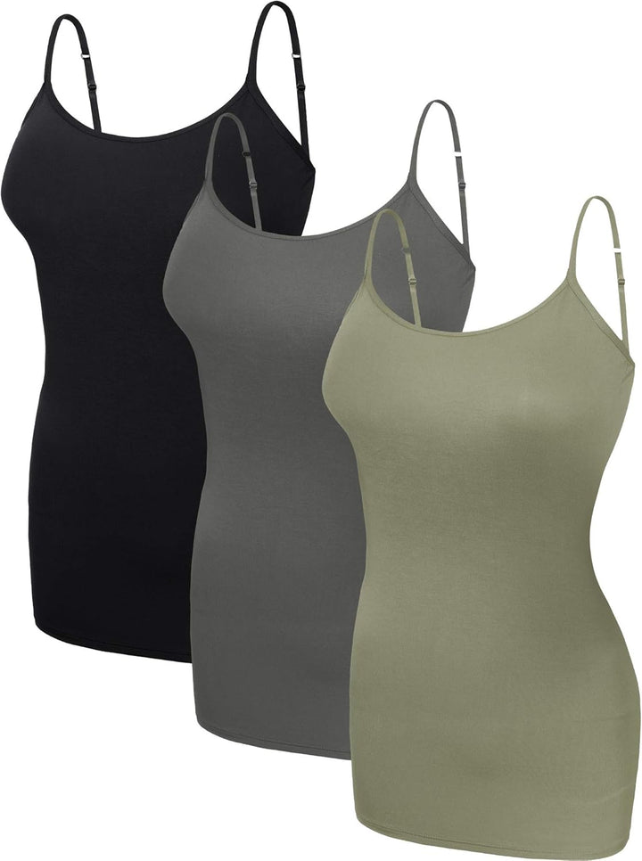 WILLBOND 3 Pieces Women Basic Long Tanks Adjustable Spaghetti Strap Camisole Top Schwarz, Dunkelgrau