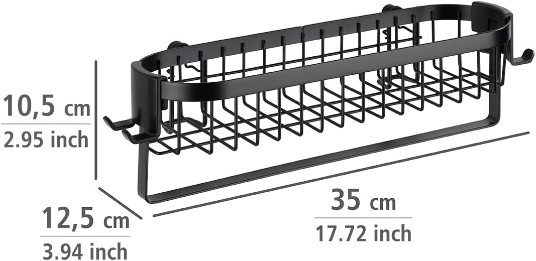 WENKO Wandablage mit Haken Classic Plus Black, Stahl, 35 x 10.5 x 12.5 cm, Schwarz Uno mit Haken Sin