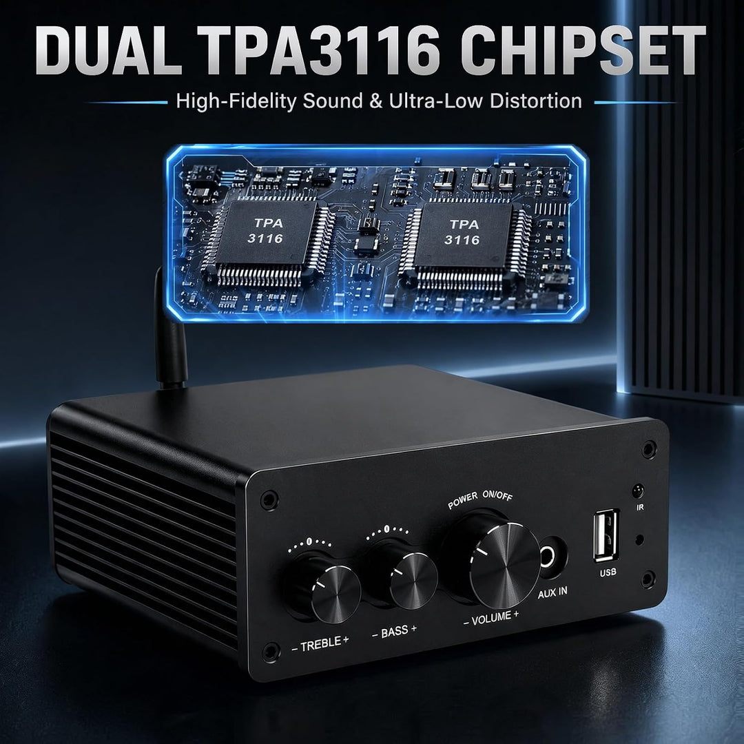 LONPOO Mini Bluetooth Hifi-Verstärker 200W mit Fernbedienung, Optical, COAX, USB, AUX-Eingang, 2 Kan