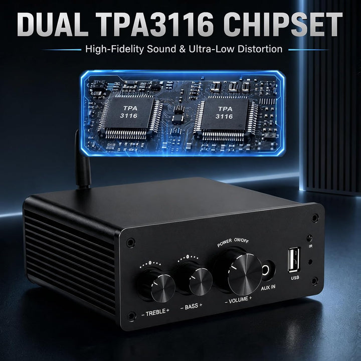 LONPOO Mini Bluetooth Hifi-Verstärker 200W mit Fernbedienung, Optical, COAX, USB, AUX-Eingang, 2 Kan