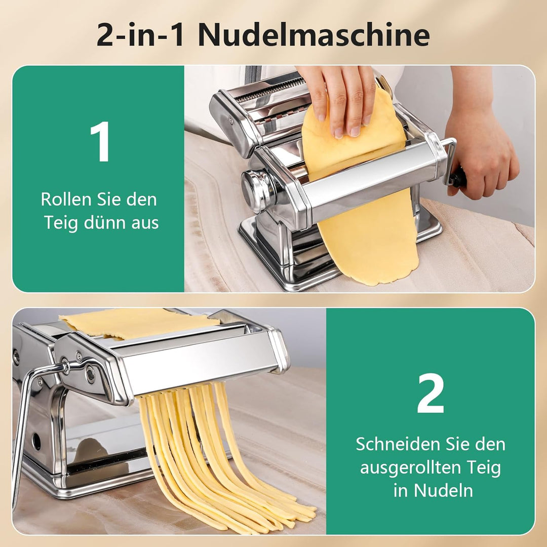 Manuelle Nudelmaschine, Edelstahl Pastamaker mit zwei Breiten, Walze und Kutter aus Edelstahl mit 7