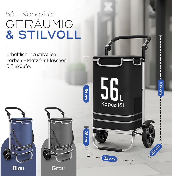 Dimono® Einkaufstrolley Rolltex Klappbarer 3 in1 Trolley zum Einkaufen; 56 Liter inkl. Kühlfach; Tra