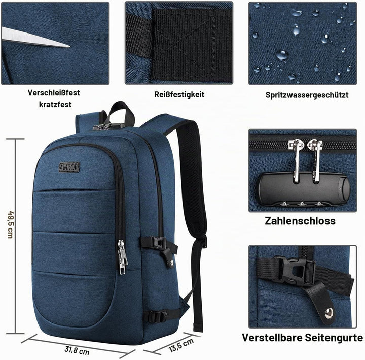 AMBOR Laptop Rucksack Herren mit USB-Ladeanschluss Rucksack Damen Anti-Diebstahl Rucksack für 17,3 Z