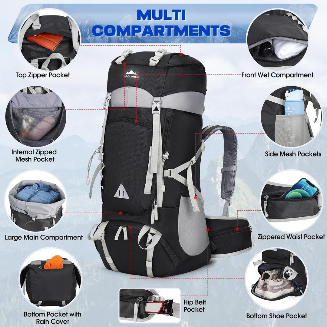 IGOLUMON Wanderrucksack 60L Herren Damen Trekkingrucksack Reiserucksack Grosser Wasserdicht Wandern
