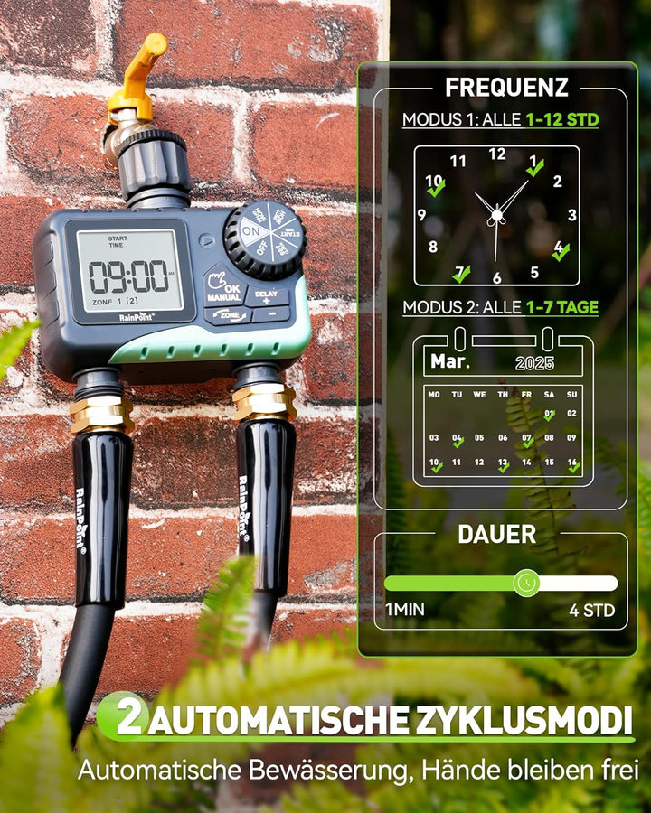 RAINPOINT Bewässerungscomputer 2 Ausgänge, IP65 Wasserdicht Wasser Zeitschaltuhr mit Regenverzögerun