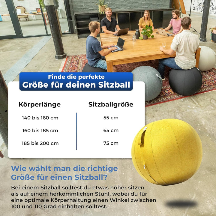 Sitzball Büro Ergonomisch 65 cm, Ergonomische Sitzmöbel für Büro und Heimbüro, Langlebiger Stoff, Gy