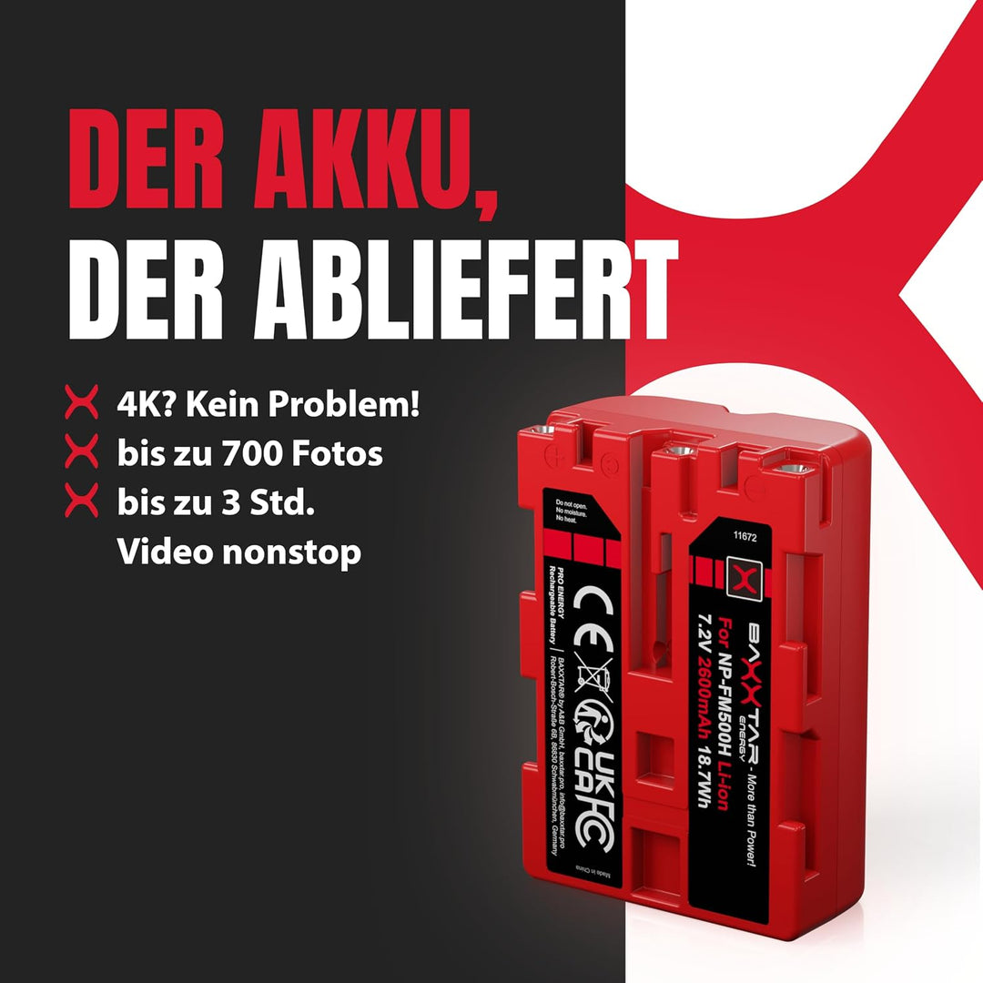 2X Baxxtar PRO - Ersatz für Akku Sony NP-FM500H (echte 2040mAh UL-Zertifikat) mit Infochip - kompati