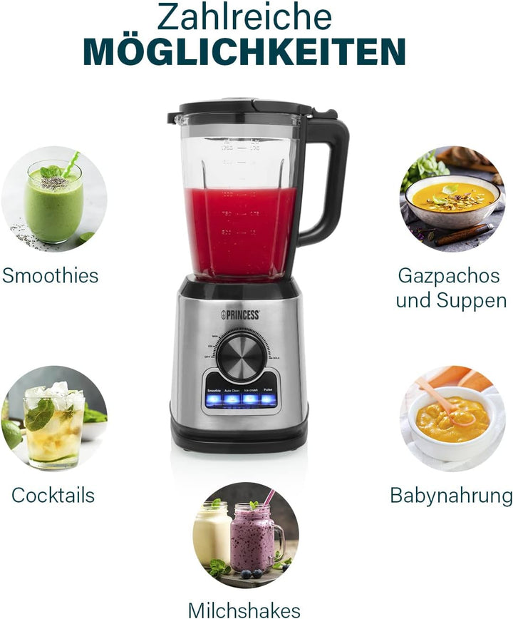 Princess Standmixer 212094 – 1400 Watt – 1,75 L Glaskrug – Puls-, Ice-Crush und Selbstreinigungsfunk