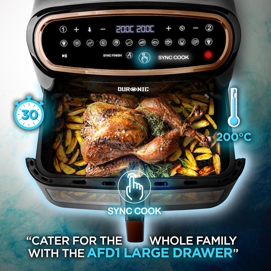 Duronic AF34 BG Heissluftfritteuse | XXL Doppel Fritteuse mit 2 Kammern und 10 Liter Volumen | Cook