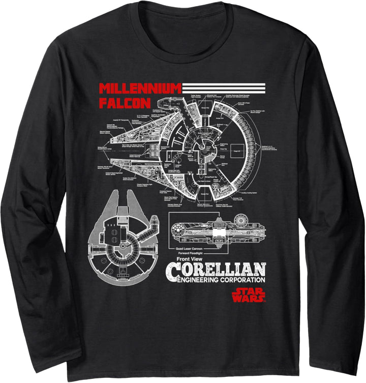 Star Wars Millennium Falcon Blueprint Detail Langarmshirt