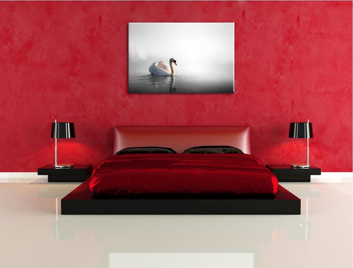 einsamer Schwan auf See schwarz/weiss Format: 100x70 auf Leinwand, XXL riesige Bilder fertig gerahmt