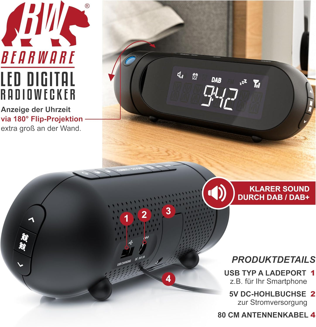 CSL - DAB Plus Radio - Radiowecker mit Projektion, Küchenradio digital, FM und DAB/DAB + Radio mit j