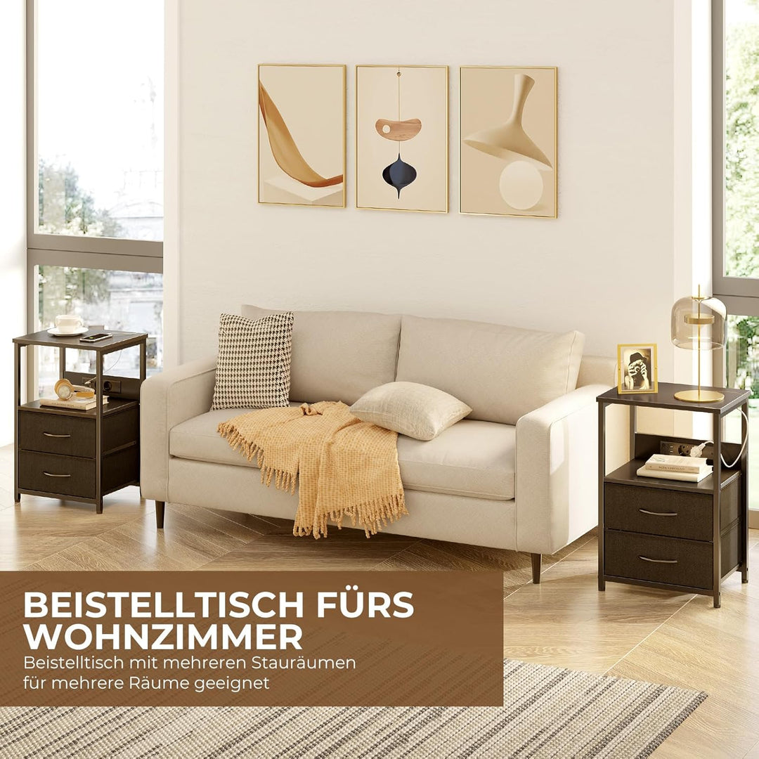 Rolanstar Nachttisch mit Ladefunktion, Beistelltisch mit LED-Leuchten, 2 Stoffschubladen & 3-stufige