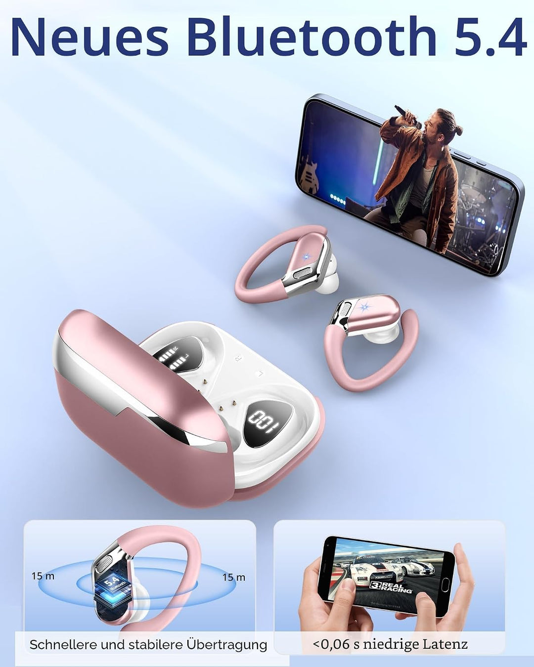 2026 Bluetooth Kopfhörer, Kopfhörer Kabellos Bluetooth 5.4 Sport tiefer Bass, 50 std Spielzeit In Ea