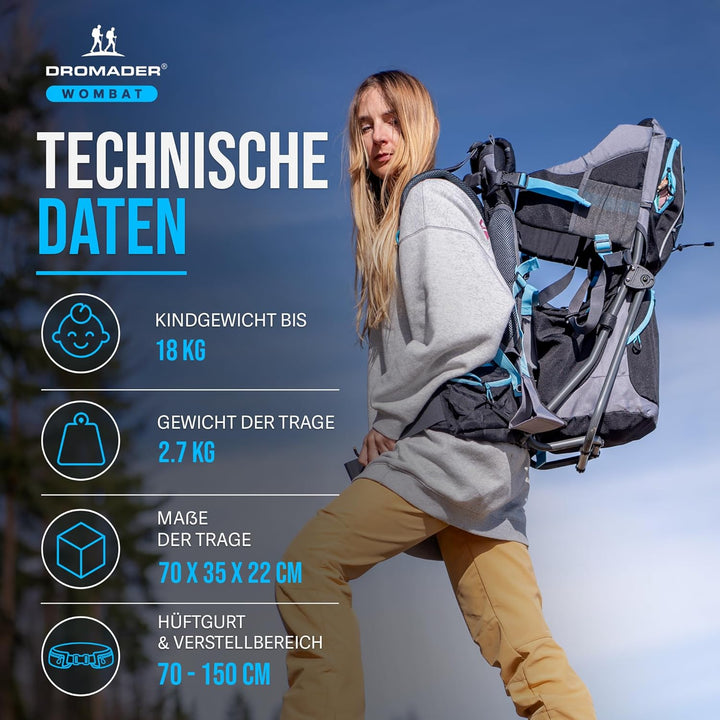 DROMADER Babytrage | Schwarz und Blau | Kinder bis 22kg | Bequem für Eltern | | mit Seitenspiegel |