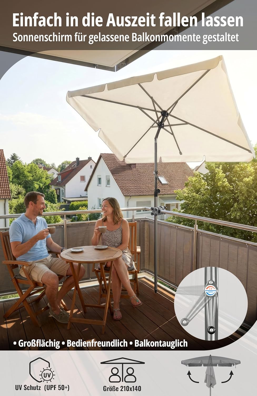 4smile Sonnenschirm Balkon mit Kurbel, Sonnenschirm rechteckig 210x140 cm, Sonnenschutz Balkon mit U