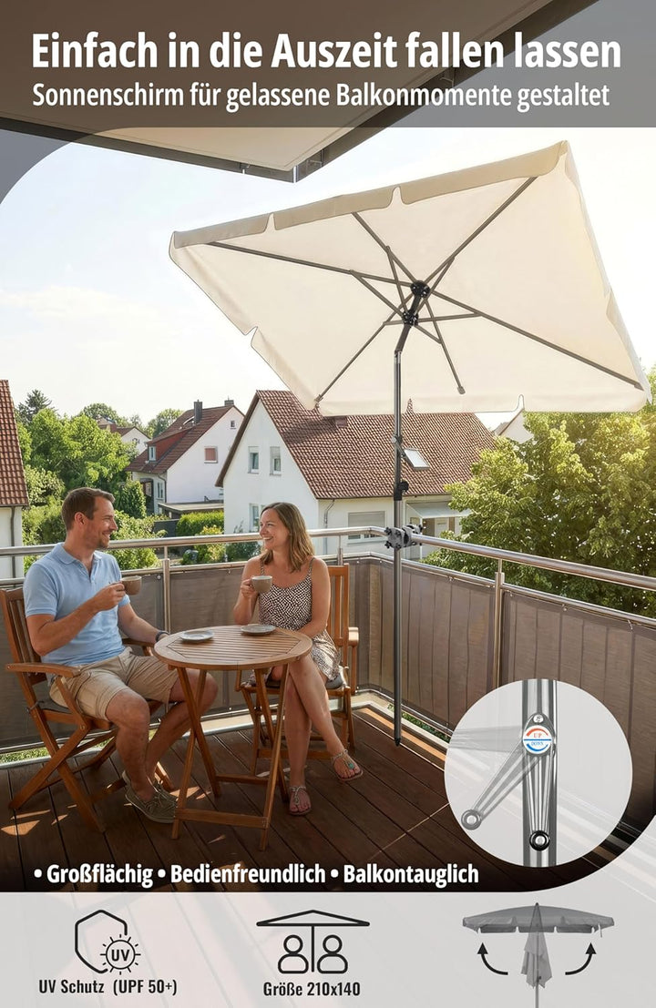 4smile Sonnenschirm Balkon mit Kurbel, Sonnenschirm rechteckig 210x140 cm, Sonnenschutz Balkon mit U