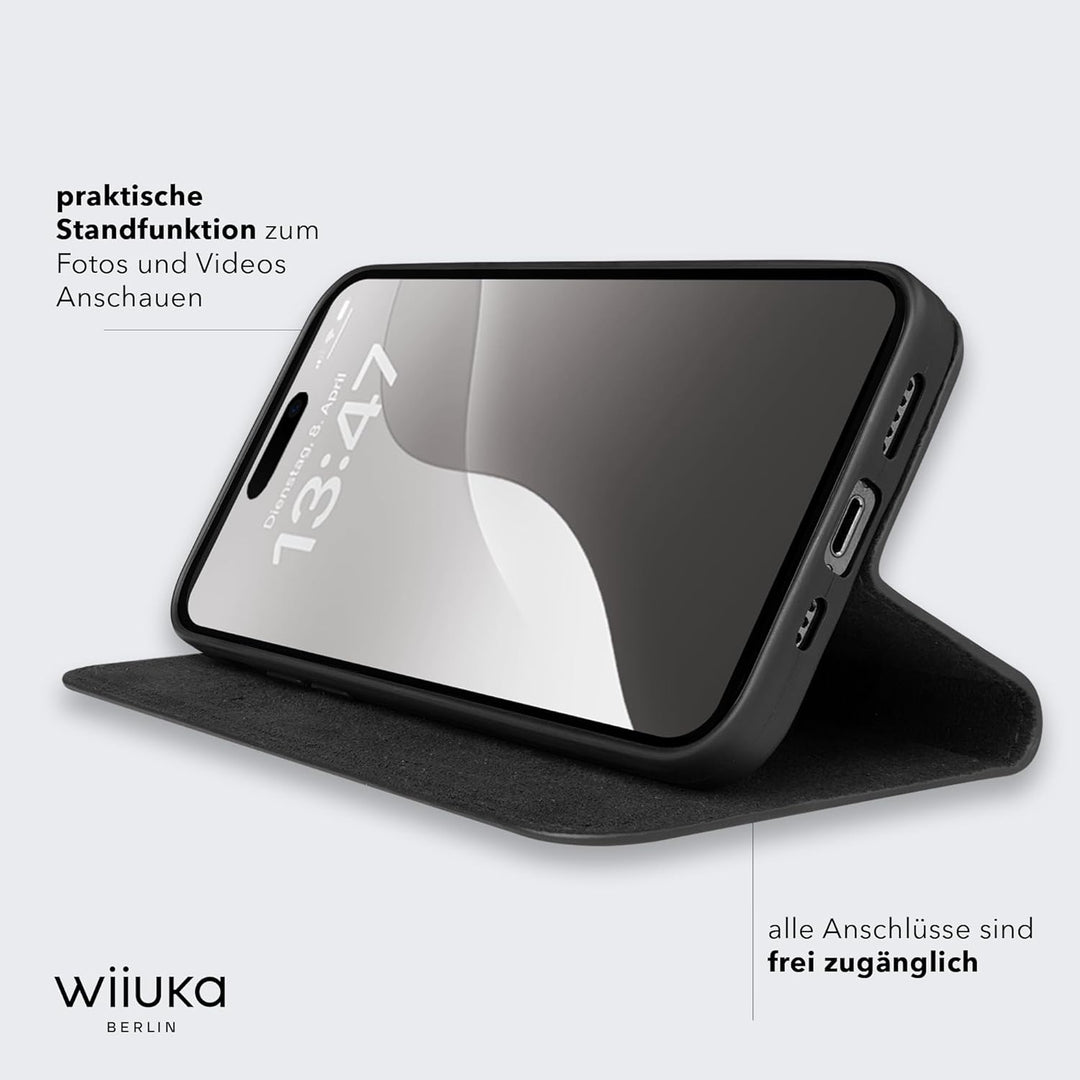 WIIUKA Hülle für iPhone 15 Pro, Leder aus Deutschland, mit Kartenfach, extra Dünn, Handyhülle mit St