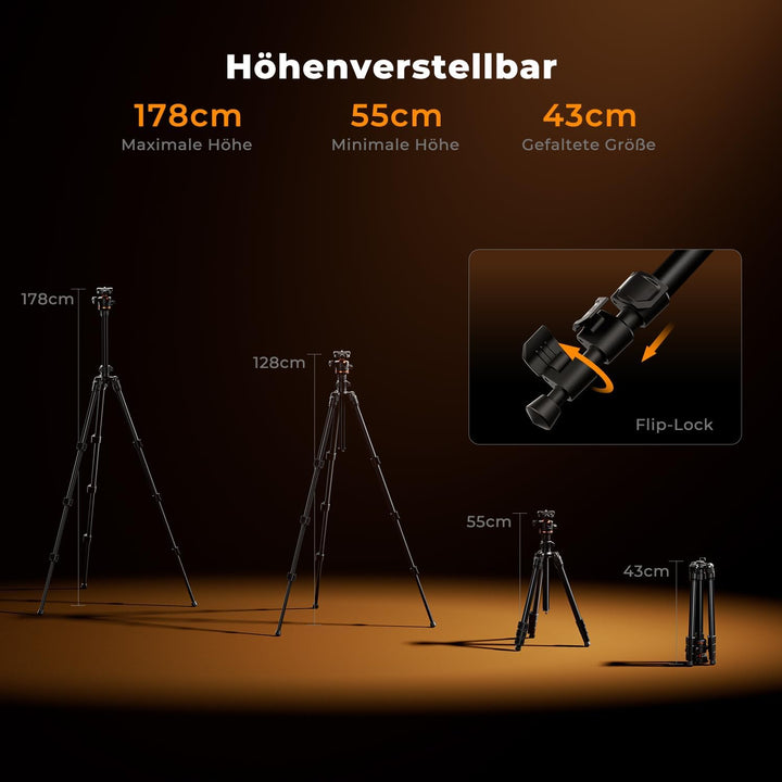 Kamera Stativ, K&F Concept Handy Stativ,178cm Stativ mit Handyhalterung, Tripod für unterwegs, Stati