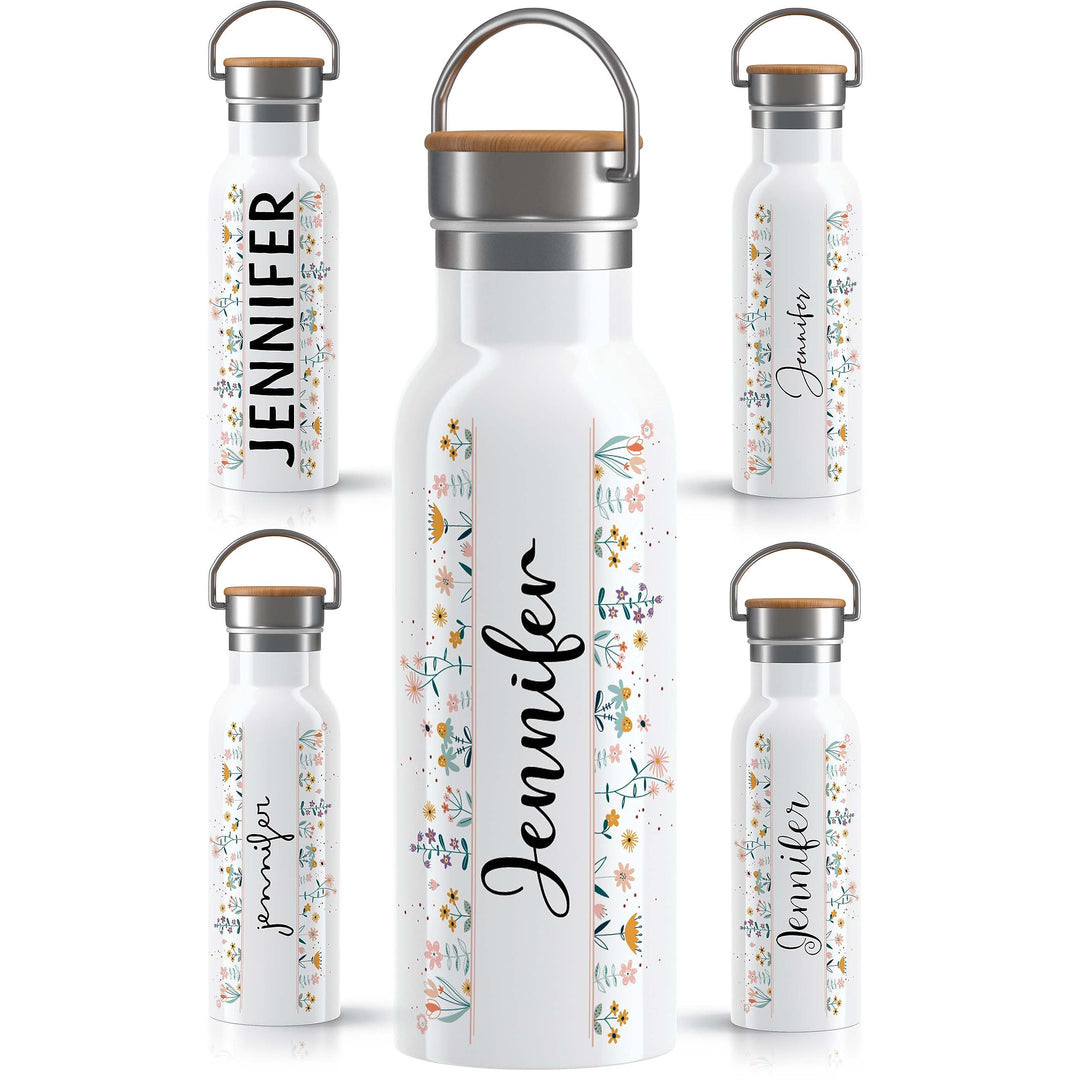 OWLBOOK Blumen Schnörkelschrift Trinkflasche personalisiert Erwachsene Frauen Edelstahl 600ml - Ther