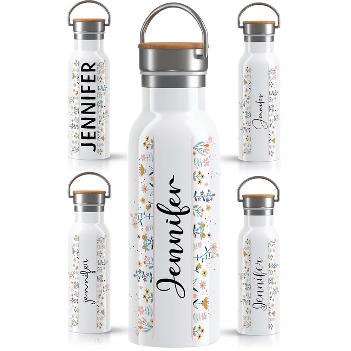 OWLBOOK Blumen Schnörkelschrift Trinkflasche personalisiert Erwachsene Frauen Edelstahl 600ml - Ther