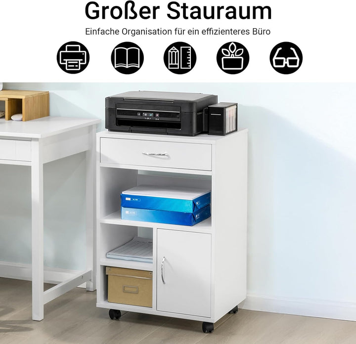 SoBuy FBT106-W Druckertisch mit Schublade und Tür Aktenschrank Rollcontainer mit Fächern Bürowagen B