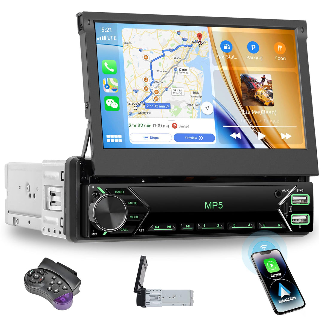 CAMECHO 1 DIN Wireless Carplay Android Auto, 7 Zoll Auto Bildschirm Videoausgang/AUX-IN/FM/TF/Mirror