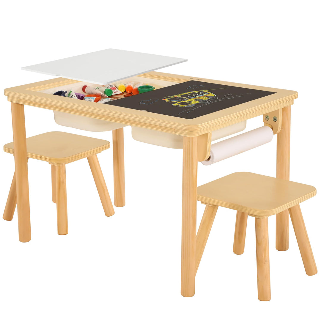 Multifunktionaler Sensoriktisch mit 2 Stühlen, Papierrolle, doppelseitiger Tafel und klappbaren Aufb
