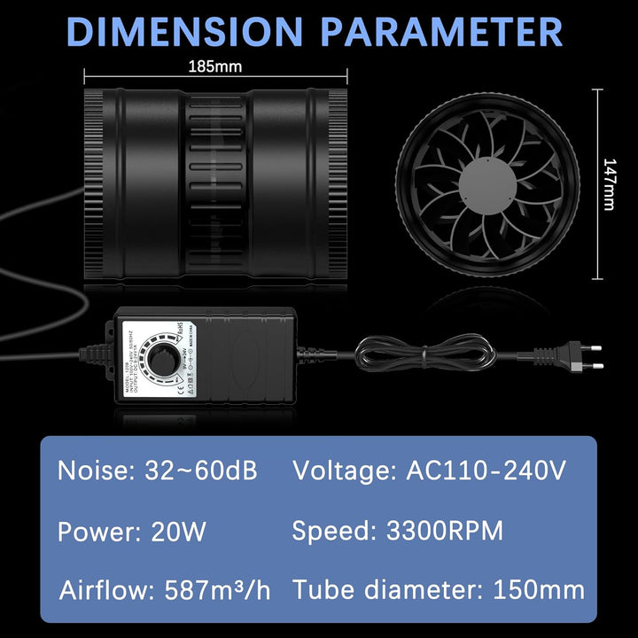 Regelbar Rohrventilator 150mm Rohrlüfter 587m³/h Abluftventilator, Badlüfter für Wintergarten Growze