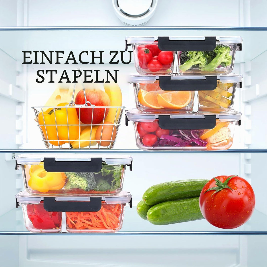 Glasbehälter mit Deckel Meal Prep Boxen Glas 2&amp;3 Fächer (4Stück, 1040ml) Frischhaltedosen mit Deckel